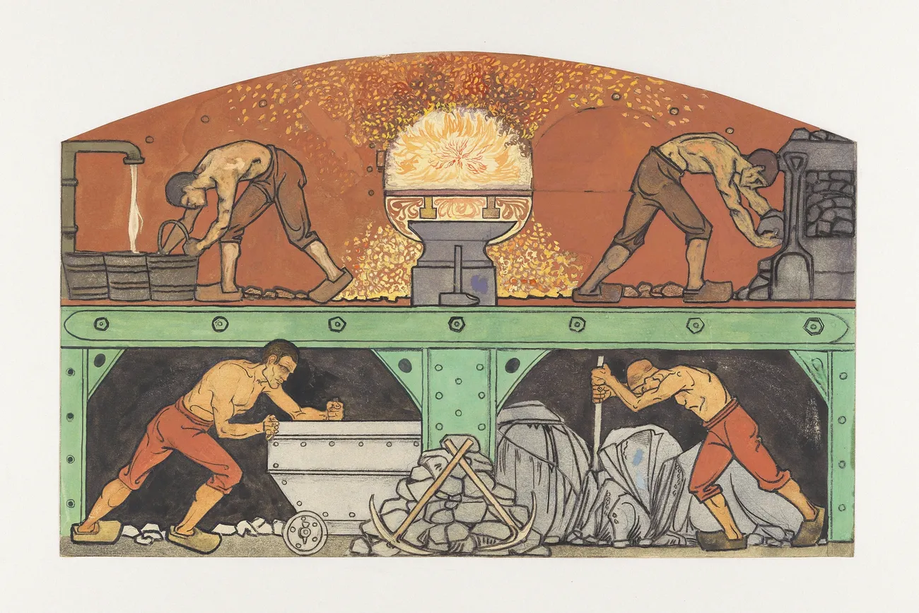 A painted mural of industrial workers.