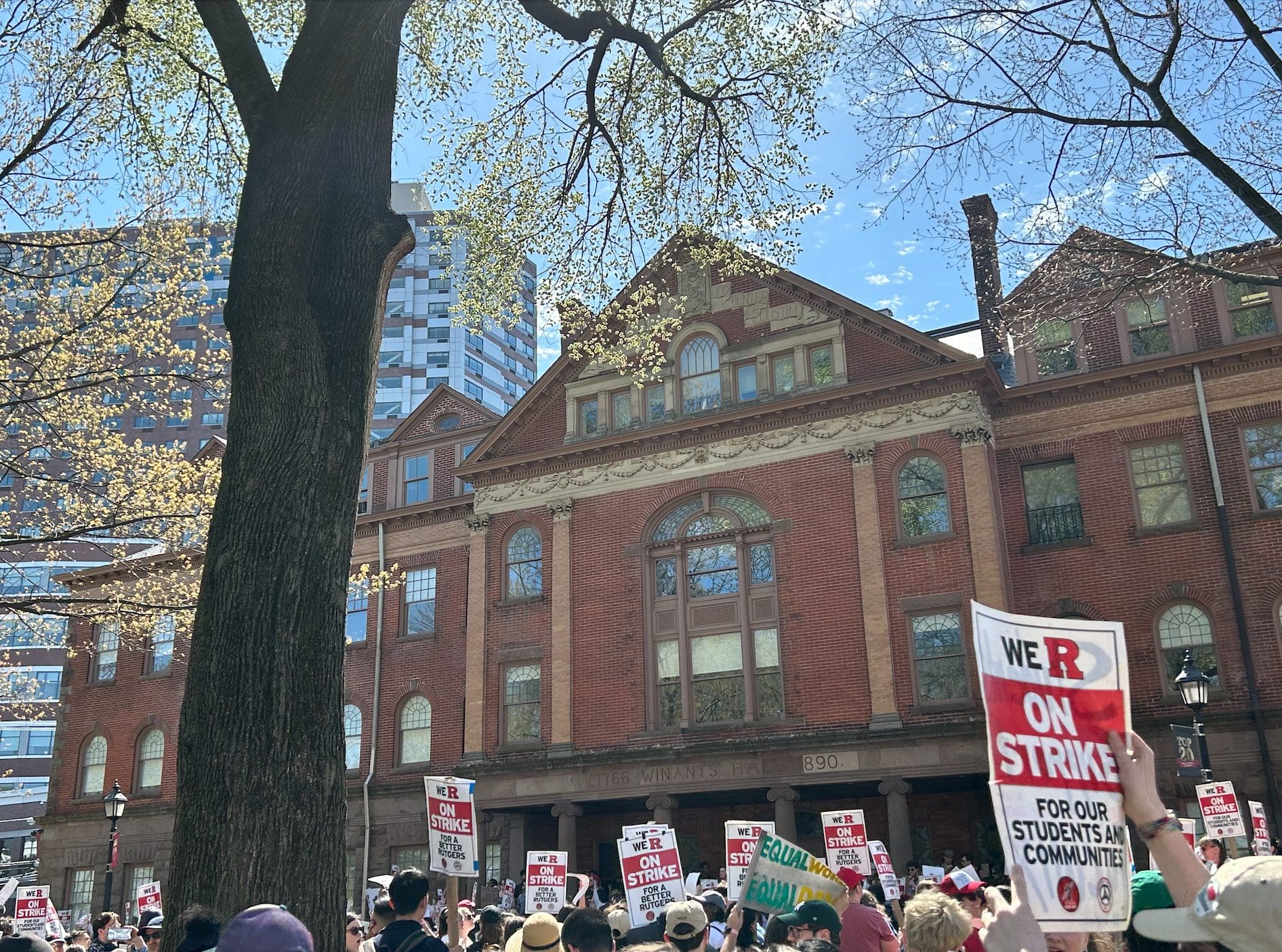 Academics strike at Rutgers in front of admin building.