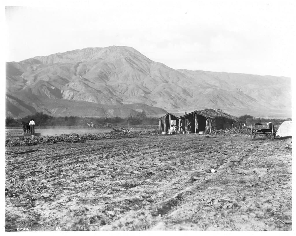 Indigenous Coahuilla people cultivating their land at Torres, east of Palm Springs (or Martenus, near Indio), ca.1903-1904 (CHS-2299)