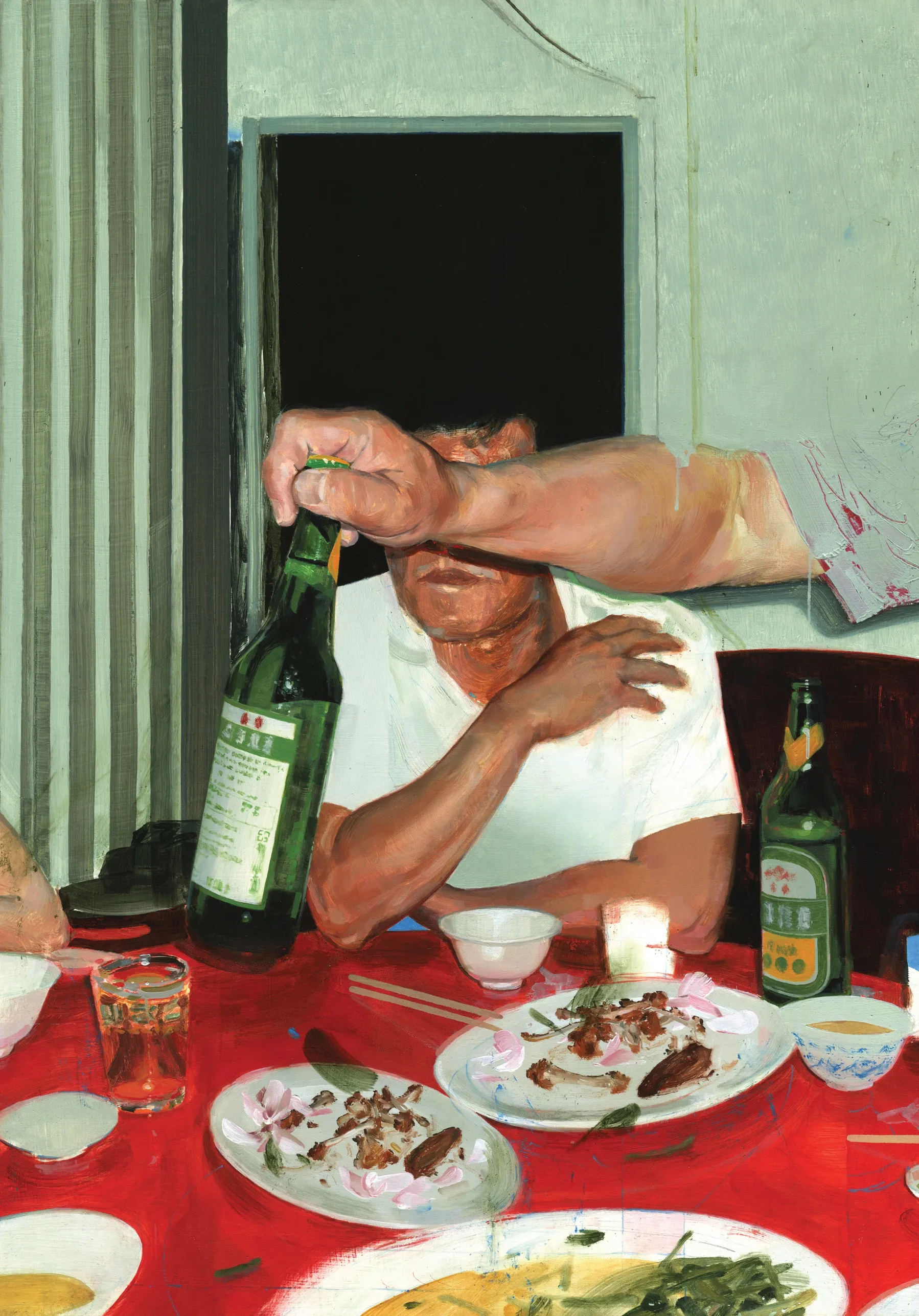 A painting of a man at a table with a hand holding a bottle of alcohol.