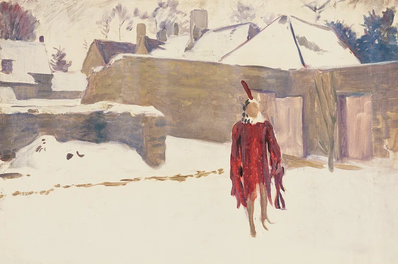 A painting of a figure in red walking in the snow.