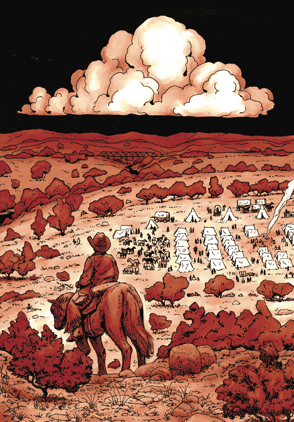 A cowboy looks over a Texas scene.