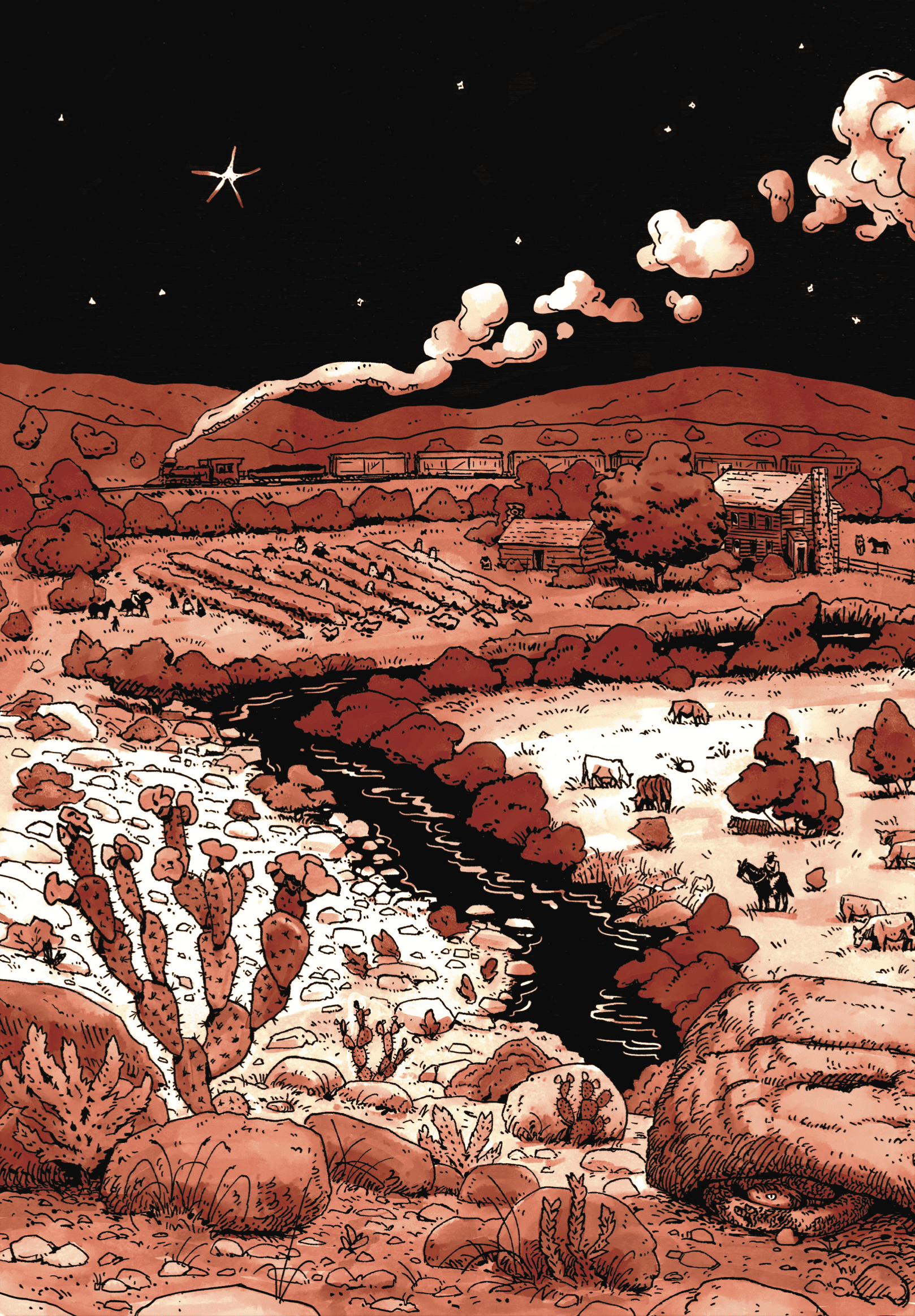 A drawing of a Texas homestead.