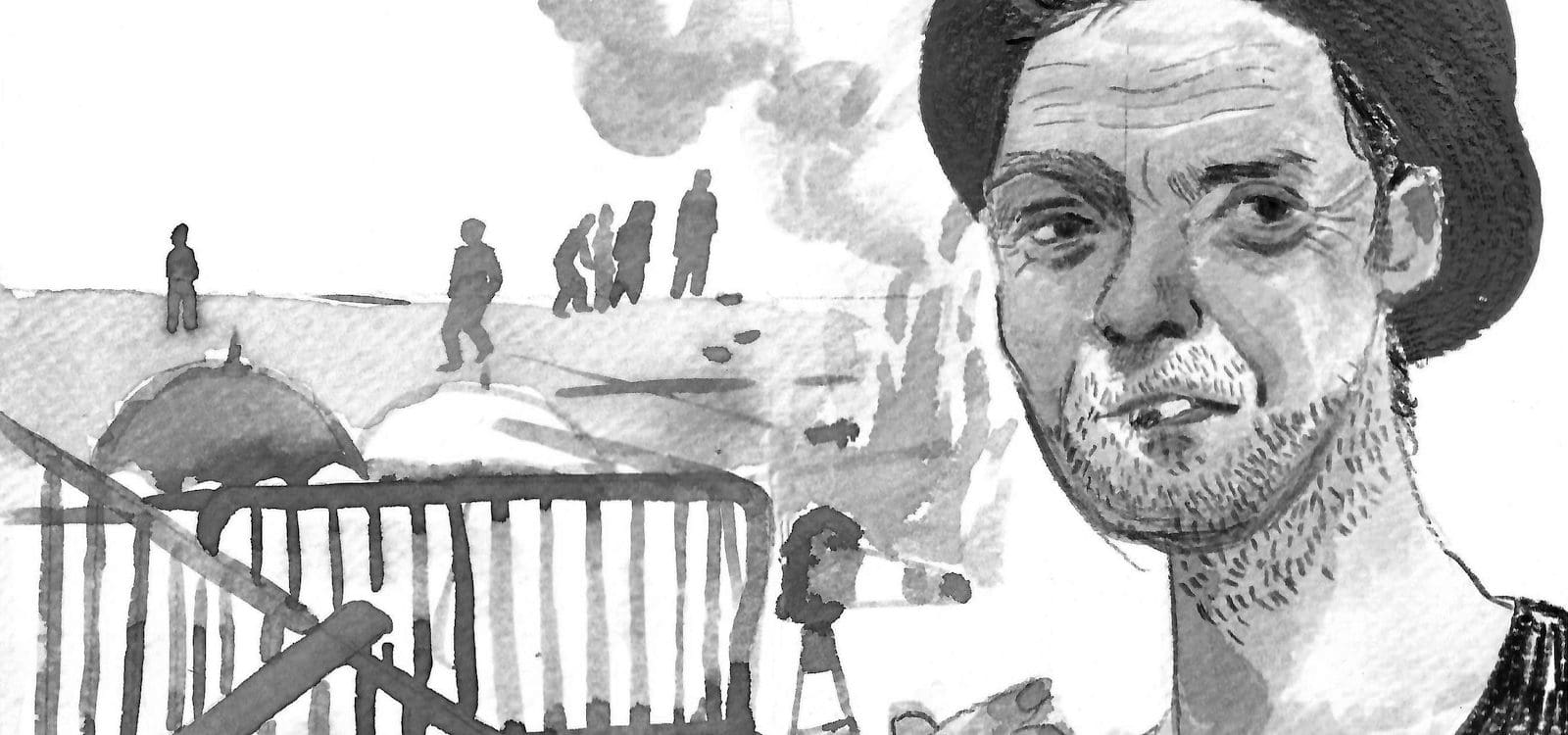 A watercolor painting of the English poet Sean Bonney, to whom Jasper Bernes's poem is dedicated.