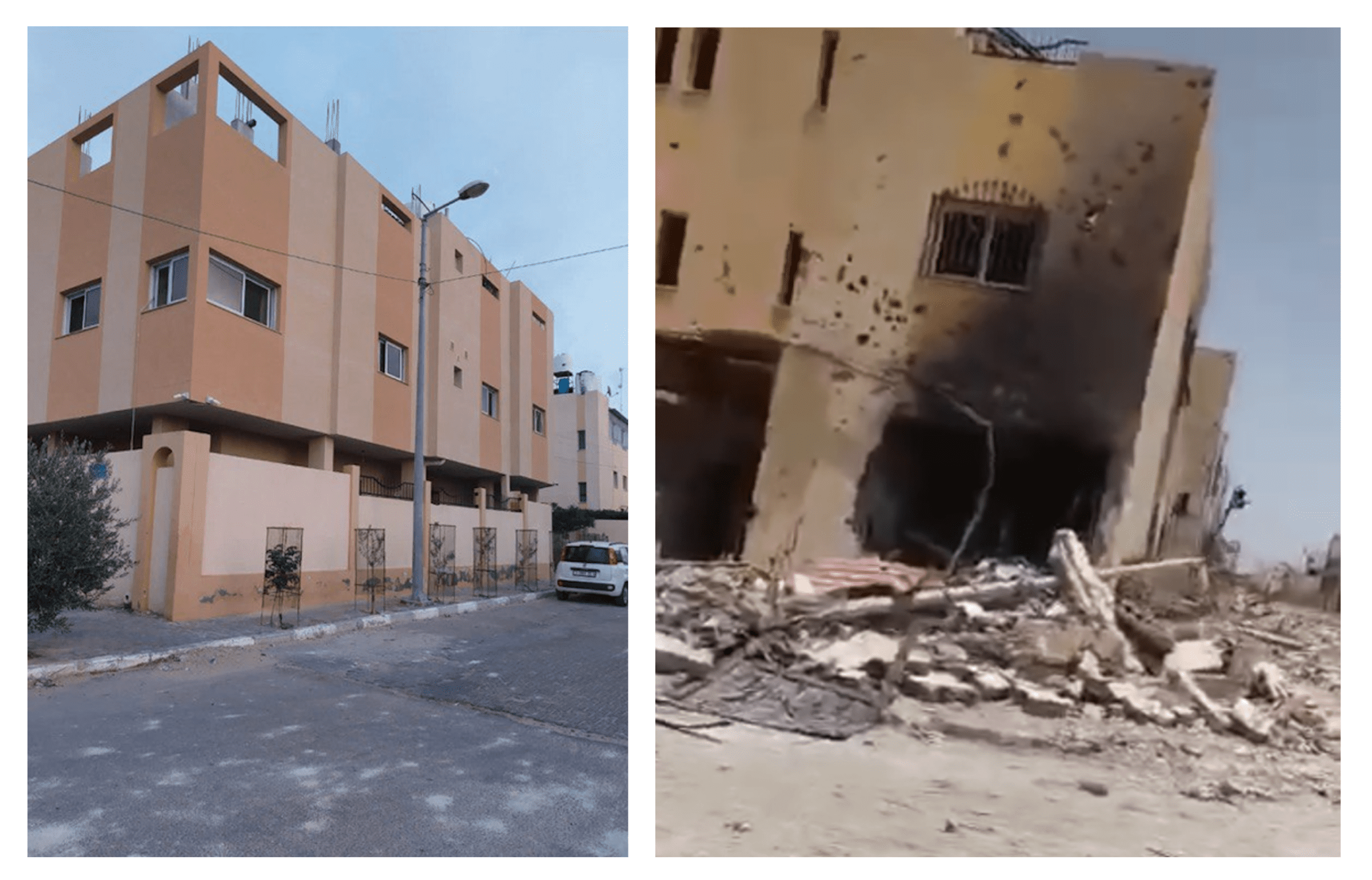 Two images side by side, of a tan housing block intact in front of a street on the left, and the same house in ruins, burned and turned to rubble on the right.