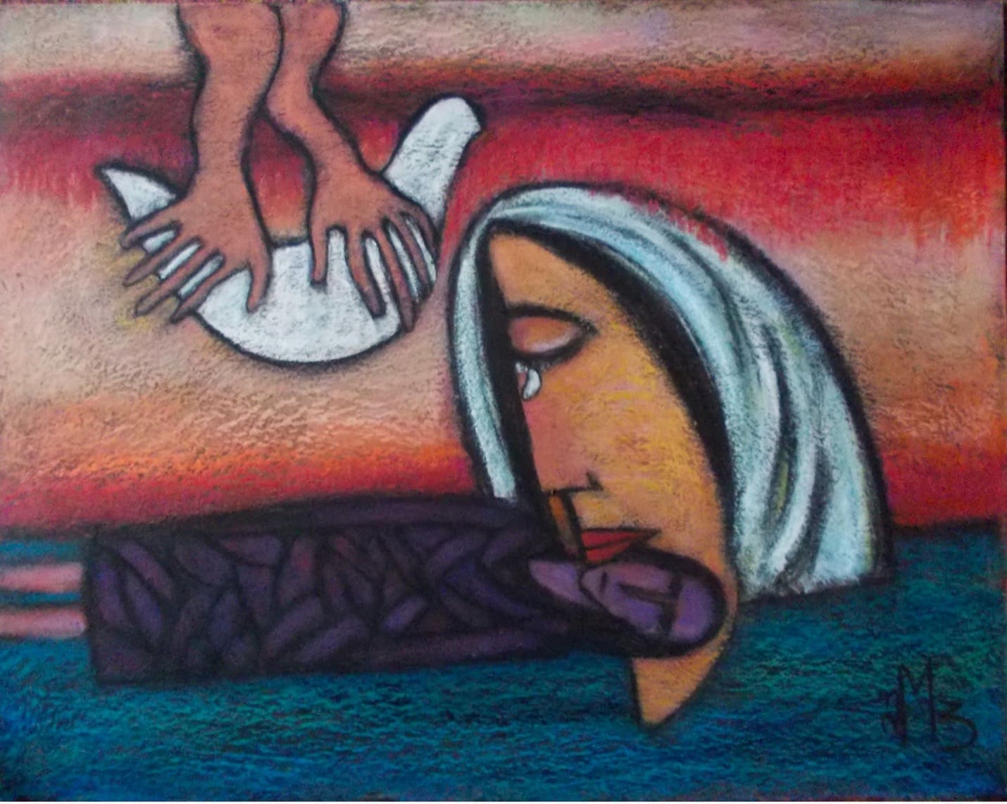 A stylized painting in color of a crying face, hands, and a body lying down, on stripes of blue and red.